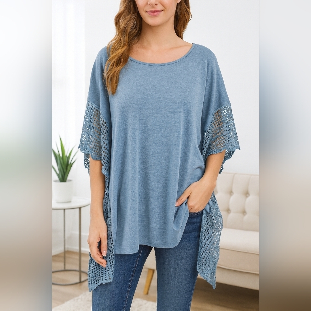 Ruby Ribbon blue linen blouse lace sleeves oversized coastal beachy XXL